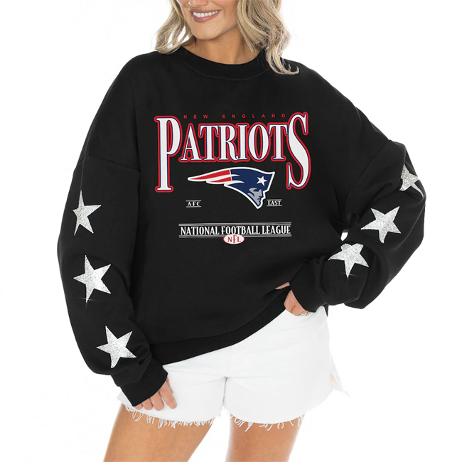Women's New England Patriots Gameday Couture Black Rhinestone Star Sleeve Settle the Score Oversized Tri-Blend Pullover(Run Small)